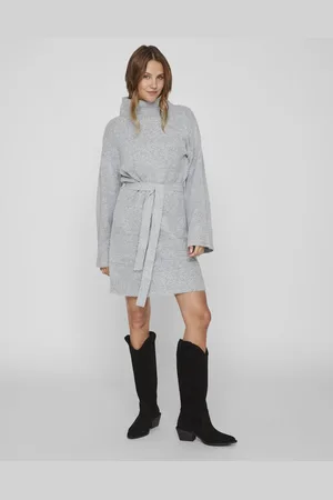 VILA Jurk Virolfie L/s Tie Belt Knit Dress - 14061999 Light Grey Melange Dames