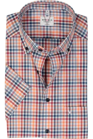 Marvelis Modern fit overhemd - korte mouw - popeline - rood geruit - Strijkvrij - Boordmaat: 41