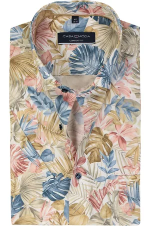 Casa Moda Comfort fit overhemd - korte mouw - popeline - wit met rood - blauw en beige dessin - Strijkvrij - Boordmaat: 45