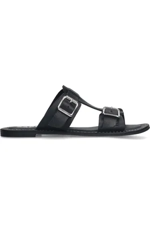 Sacha Dames - Zwarte leren slippers met gespen