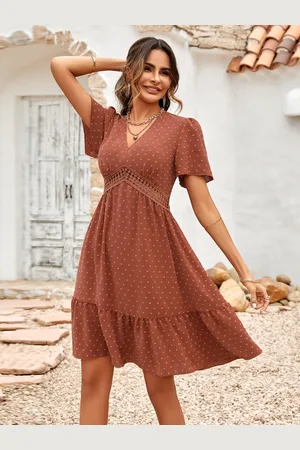 Merkloos Zomerjurk Dames Elegante Jurk Knielengte Zwitsers Stippen A-lijn Korte Mouw V-hals Strand Bruiloft Feestelijk S