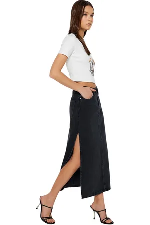 Trendyol Lichtblauwe Maxi-Denimrok Met Hoge Taille En Split Twoss23Et00109