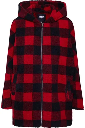 Urban classics Ladies Hooded Oversized Check Sherpa Jacket Winterjas rood-zwart XL Dames