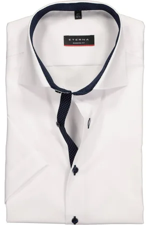 ETERNA Modern fit overhemd - korte mouw - heren overhemd fijn Oxford - (blauw gestipt contrast) - Strijkvrij - Boordmaat: 48