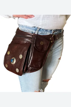 Merkloos Doenya Festival heuptas - Echt leder - Blauw steen - Bruine heuptas