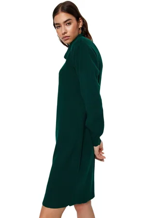 Trendyol Smaragdgroene Mini Gebreide Jurk Met Breed Patroon Twoaw23El00026