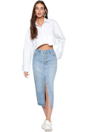 Trendyol Blauwe Midi-Denimrok Met Knopen En Split Twoaw24Et00063