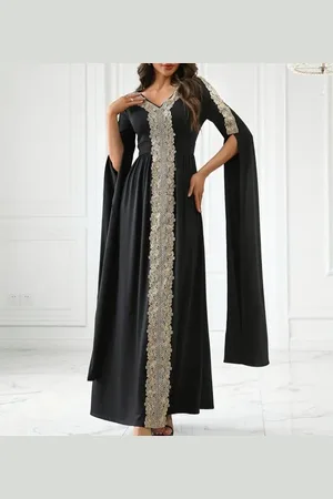 Merkloos Prachtige sexy galajurk feestjurk jurk abaya lang zwart met goud maat XL