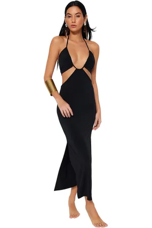 Trendyol Zwart Aansluitende Maxi Gebreide Strandjurk Met Uitsnijding/Raam Tbess23El00122