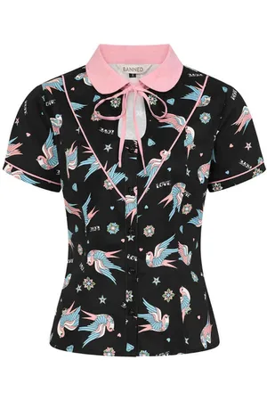 Banned Retro Marilou Swallows Contrast Collar Blouse - XL