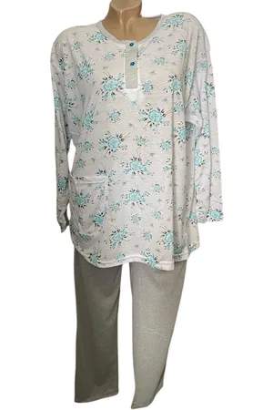 Merkloos Dames Katoenen Pyjama L grijs/wit/groen