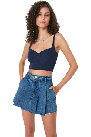 Trendyol Blauwe Geplooide Normale Taille Mini Denim Shorts Rok Twoss22Sr00163