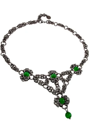 esde2 Byzantinischer Choker met Groene Kattenoog Stenen - Handgemaakte Dames Ketting - RVS - Verstelbare Ketting 45 tot 50cm