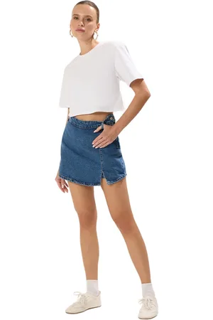 Trendyol Blauwe Split Mini Denim Shorts Rok Twoss23Sr00091