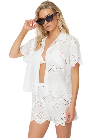 Trendyol Wit Geweven Geborduurd 100% Katoenen Overhemd Shorts Strandpak Tbess24Au00008