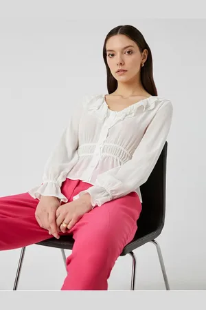Koton Blouse Met V-Hals En Ruches Met Lange Mouwen