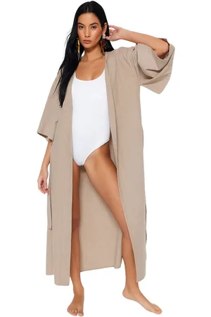 Trendyol Zwarte Maxi Geweven Linnenlook Strandkimono En Kaftan Met Riem Tbess23Km00058