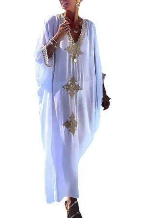 Merkloos Dames Zomer Kaftan Jurk – Maxi Jurk, Bohemian Zwempak Strand Cover-up Robe, One Size, Wit/Geel