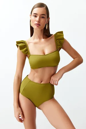 Trendyol Blauwe Bralet Frill Textured High Waist Hipster Bikiniset Tbess22Bt0049