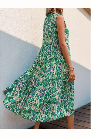 Merkloos Boho-jurken voor vrouwen Zomer Casual Mouwloos Bloemen Bruiloftsgast Lange jurk met trekkoord kwastjes