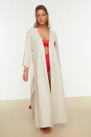 Trendyol Riem Maxi Geweven Geborduurd Linnen Mix Strand Kimono & Kaftan Tbess20Km0051
