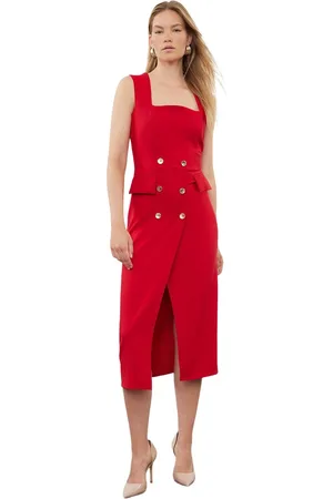 Trendyol Rode Knop Gedetailleerde Midi Rok Met Dubbele Rij Knopen, Kokerrok, Geweven Jurk Twoss24El00837