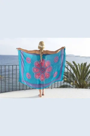 Merkloos Pareo beach - dames - sarong - omslagdoek - wikkeljurk - strand - stranddoek - Flower dark turquoise tosca