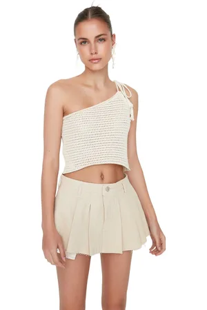 Trendyol Khaki Geplooide Mini Denim Shorts Rok Twoss22Sr00164