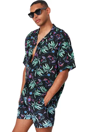 Trendyol Paars Oversize Fit 100% Viscose Patroon Korte Mouw Casual Zomer Shirt Tmnss24Go00053