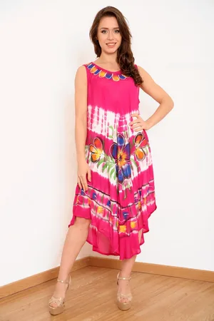 Merkloos Lange dames jurk Nilsa gebloemd motief roze wit blauw oranje groen zwart