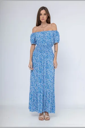 Merkloos Lange dames jurk Wilma gebloemd motief wit maat M/L strandjurk