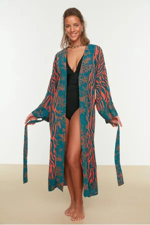 Trendyol Luipaardpatroon Geceintuurde Maxi Geweven Strand Kimono & Kaftan Tbess21Km0171