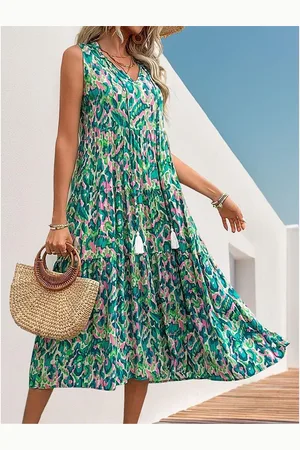 Merkloos Boho-jurken voor vrouwen Zomer Casual Mouwloos Bloemen Bruiloftsgast Lange jurk met trekkoord kwastjes