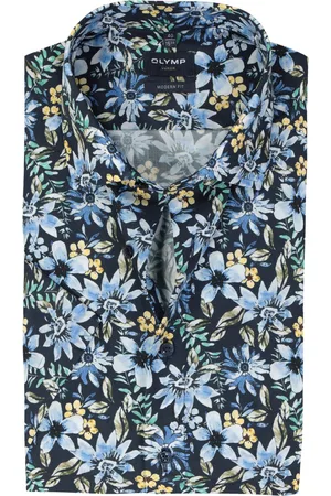 Olymp Modern fit overhemd - korte mouw - popeline - donkerblauw met groen - geel en lichtblauw bloemen dessin - Strijkvrij - Boordmaat: 45