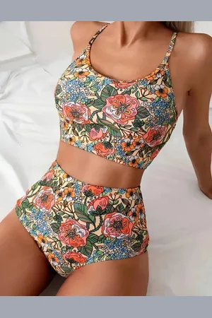 Merkloos Sexy elegante kleurrijke bikini tankini met bloemenprint met extra hoge slip maat S