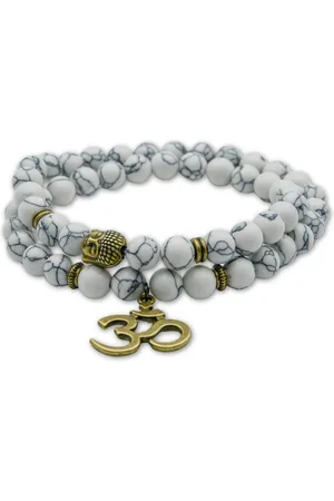 Marama - Damesarmband - natuursteen - elastisch - Ohm-teken - Buddha - Lichtgrijs-Brons - cadeau dames - 2x om de pols - geschenkzakje
