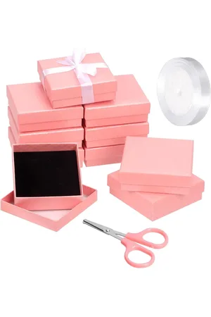 Merkloos 12 stks Roze Sieraden Geschenkdozen - Inclusief Roze Schaar en Wit Polyester Lint - Diamant Patroon - Ideaal voor Kettingen, Oorbellen, Armbanden - 9 x 9 x 3CM