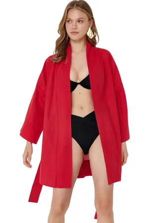 Trendyol Rode Riem Mini Geweven 100% Katoen Strand Kimono&Kaftan Tbess23Km00080