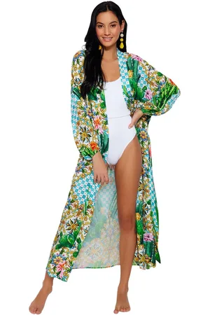 Trendyol Tropisch Patroon, Getailleerde Maxi-Geweven Strandkimono En Kaftan Van 100% Katoen Tbess23Km00057