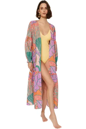 Trendyol Tropisch Patroon, Getailleerd, Geweven, Ballonmouw, Strandkimono En Kaftan Van 100% Katoen Tbess23Km00103