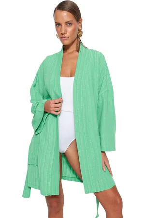 Trendyol Ecru Geceintuurde Mini Geweven Linnenmix Strand Kimono&Caftan Tbess23Km00081