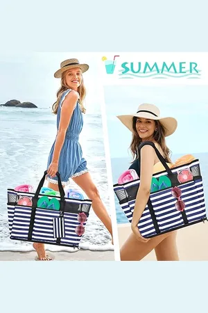 Merkloos Extra grote strandtas voor dames met ritssluiting, waterdichte strandtassen met nat vak, zomerdraagtas, grote schoudertas voor strand, vakantie, winkelen, reizen