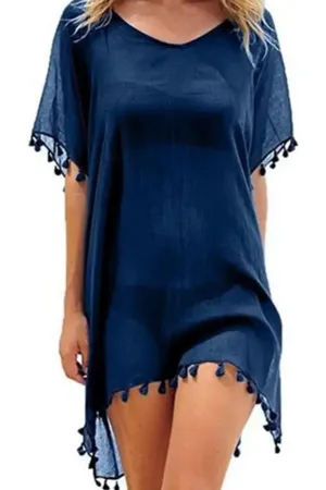 ASTRADAVI Pareo Jurk - Sarong Dress Beachwear - Dames strandkleding met Ronde Hals en Franjes