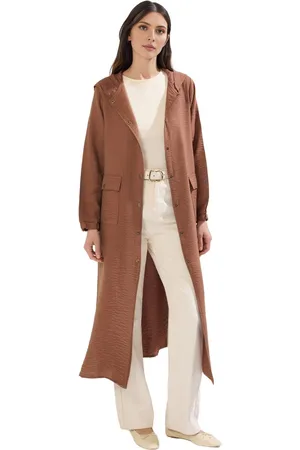 Trendyol Bruine Capuchon Met Gedetailleerde Drukknoopsluiting, Geweven Cape, Abaya, Kimono En Jas Tctss25Kf00005