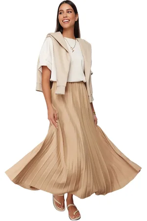 Trendyol Donkerbeige Geplooide Gebreide Lange Rok Tctss24Ee00005