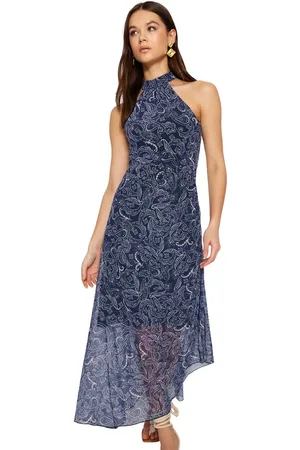Trendyol Marineblauwe Midi-Jurk Van Tule Met Halterprint Twoss23El02214