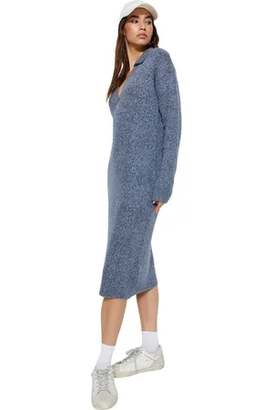 Trendyol Antracietkleurige Midi-Gebreide Jurk Met Zachte Textuur En Polokraag Tweeaw24El00009