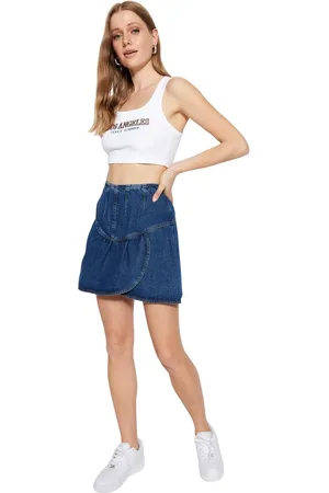 Trendyol Blauwe Mini-Denimrok Met Asymmetrische Sluiting En Hoge Taille Twoaw23Et00210