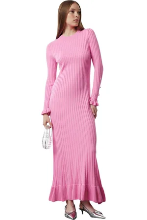 Trendyol Roze Geplooide Rok Rib Gebreide Jurk Tctaw25Eb00016