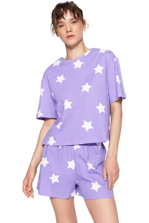 Trendyol Lichtroze 100% Katoenen Gebreide Pyjamaset Met Sterrenpatroon En Korte Broek Thmss22Pt0501
